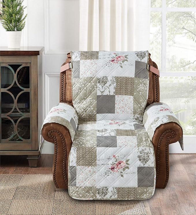 Brilliant Sunshine Pink Rose & Grey Toile Couch Recliner Cover, 26" seat | Patchwork Design, Non Slip Sofa Cover, Quilted Furniture Protector, Washable Reclining Chair Slipcover for Pets, Dogs - Image 2
