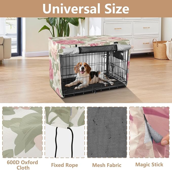 Dog Crate Cover Kennel Cover for Dog Cages Breathable for Wire Cage Indoor Outdoor Peony Flowers Fresh Beige - Image 4