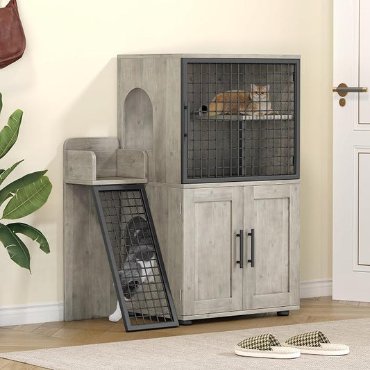 IDEALHOUSE Cat Litter Box Enclosure with Double Layer, Grey | Double Layer Cat Litter Box Furniture with Ladder, Creates a Private Cat Space While Keeping Living Rooms Clean and Organized by IDEALHOUSE