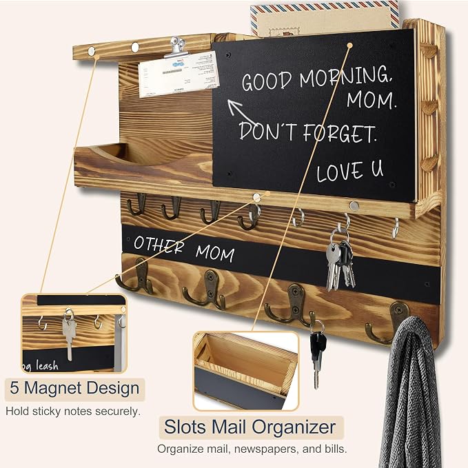 Key Holder for Wall Mount with Shelf and Mail Organizer, Key and Mail Holder with 16 Hooks, Farmhouse Entryway Organizer, Home Decor Rack(Pine Wood, Wood Color) - Image 8