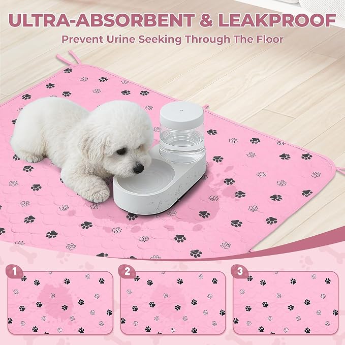 Fostanfly Washable Pee Pads for Dogs, Ultra-Absorbent, 36"x41"-2 Pack, Pink | Leak-Proof, Waterproof, Non-Slip, Large Reusable Pee Pads for Puppy Potty Training, Crate and Playpen with 8 Tie Straps - Image 3