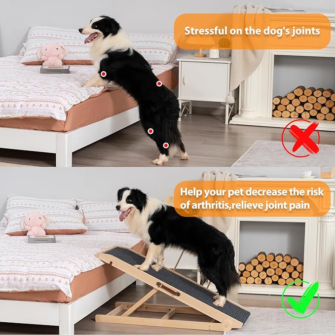 Dog Ramp for Bed Couch - Pet Steps Stairs to Get on Bed Couch 11.8"-27.5" High for Small or Large Dog Up to 200 lbs, Adjustable Wooden Dog Ramp Steps Foldable Portable, Anti-Slip Carpet (L-Natural)