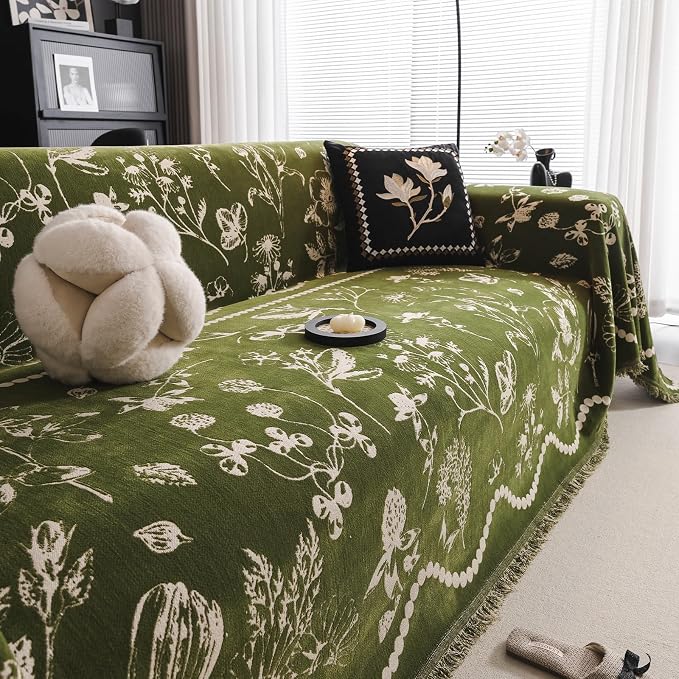 DREAMINGO Green Floral Couch Cover Farmhouse Botanical Jacquard Sofa Covers for 3 Cushion Couch Cozy Chenille Living Room Furniture Futon Sectional Sofa Slipcovers Washable, X-Large 71"x134" - Image 3