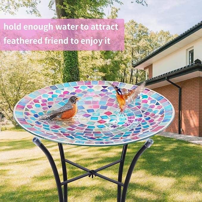 MUMTOP Mosaic Glass Bird Bath with Metal Stand for Garden Feeder Yard Decor | 14 Inch Width 19.68 Inch Height Outdoor Garden Bird Baths Bowl, Unique Glass Birdbaths Bird Feeder for Yard Decor - Image 3