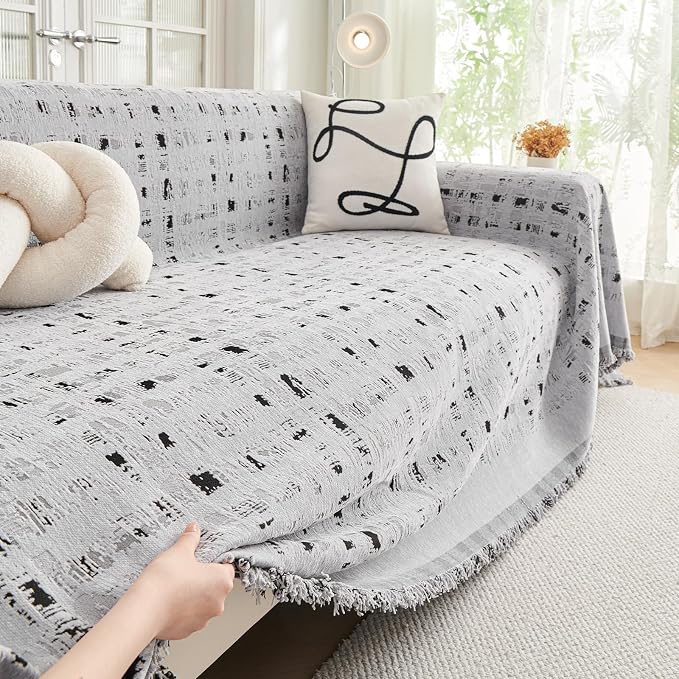 DREAMINGO Abstract Chenille Couch Cover Blanket Grey Black Boho Sofa Cover, Washable Furniture Protector, Universal Slipcover for Couch, Geometric Brushstroke Jacquard, XX-Large 71"x150" - Image 2