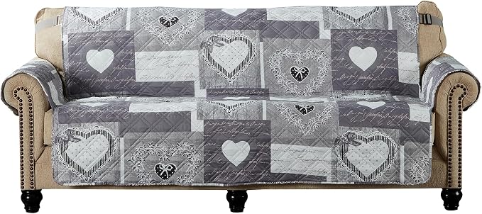 Brilliant Sunshine Grey Heartlove Patchwork Couch Cover, 70" seat | Non Slip Sofa Cover, Quilted Furniture Protector, Large Washable Slipcover for Pets, Dogs & Cats - Image 2