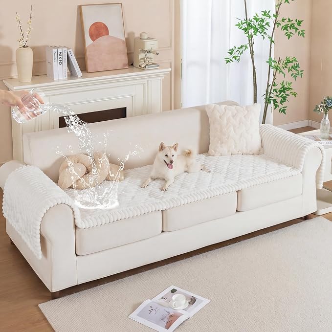 PuTian 100% Waterproof Fuzzy Couch Cover for Dogs White 27.6"x27.6" | Pet Friendly Dog Mat for Couch, Waterproof Sofa Protector, Scratch Resistant Furniture Cover for Dogs, Machine Washable - Image 2