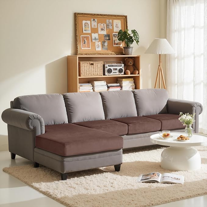 CHUN YI Velvet Couch Cushion Covers, 4 PC Water Resistant Sectional Couch Covers for L Shape Sofa, Individual Seat Cushion Protector for Pets (3 Seater + 1 Chaise, Brown) - Image 2