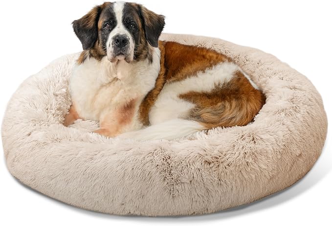 Best Friends by Sheri The Original Calming Donut Dog Bed for Extra-Large Dogs up to 150 lbs, Shag Faux Fur, Taupe, 45" x 45" by BestFriendsbySheri