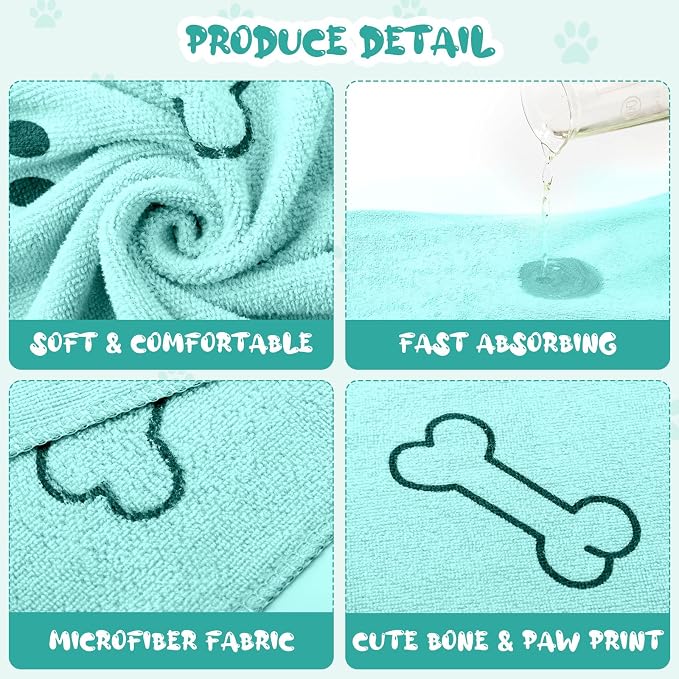 Tatuo 22 Pcs Dog Towels for Drying 20 x 40 Inch Pet Bath Towels Absorbent Microfiber Towel Quick Drying Puppy Bathing Supplies for Small Medium Large Dog Puppy Cat(Teal,Bone Pattern) - Image 3