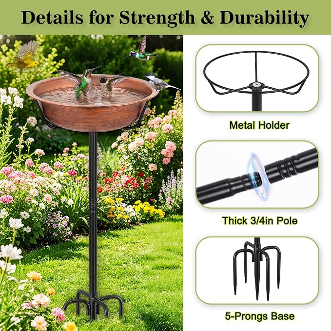 Gtongoko 3.2 Inch Deep Metal Bird Bath for Outside Heavy Duty, 35 Inch Height Bird Feeder Birdbaths for Outdoors, Garden Bird Bath Bowl with 5-prongs Base - Image 5