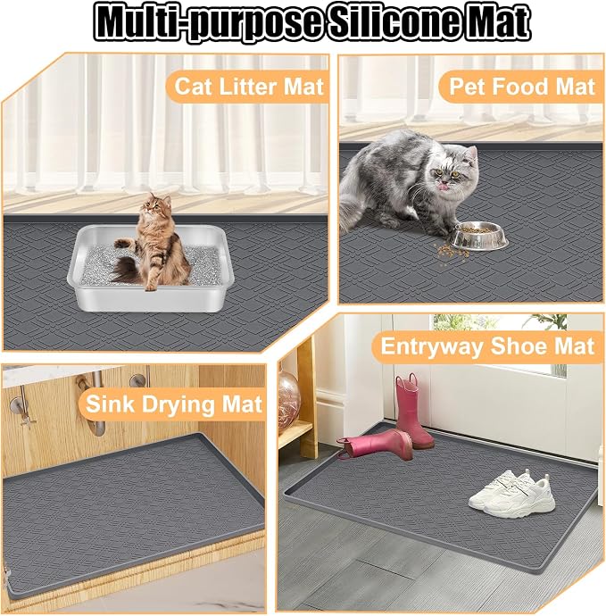 Silicone Cat Litter Mat 42" x 29" Cat Mat for Litter Box, Dark Grey | Extra Large Cat Litter Trapping Mat for Floor, Waterproof, Non-Slip Kitty Litter Box Mat with Raised Edge, Easy to Clean - Image 8