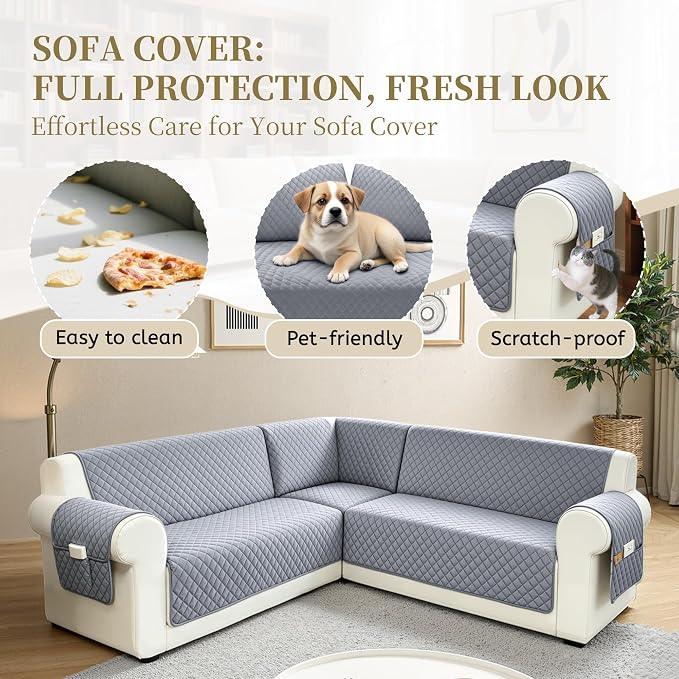 Sectional Couch Covers for Dogs 100% Waterproof Corner L Shaped Sofa Cover Pet Friendly Velvet Washable Anti Slip L Shape Modular Sofa Slipcover Protector with Pockets (Steel Gray, Small) - Image 4