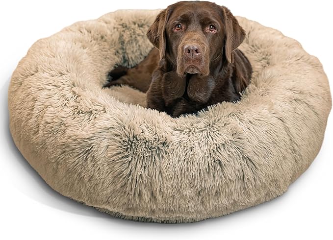 Best Friends by Sheri The Original Calming Donut Dog Bed for Large Dogs up to 100 lbs, Shag Faux Fur, Taupe, Large, 36" x 36" by BestFriendsbySheri