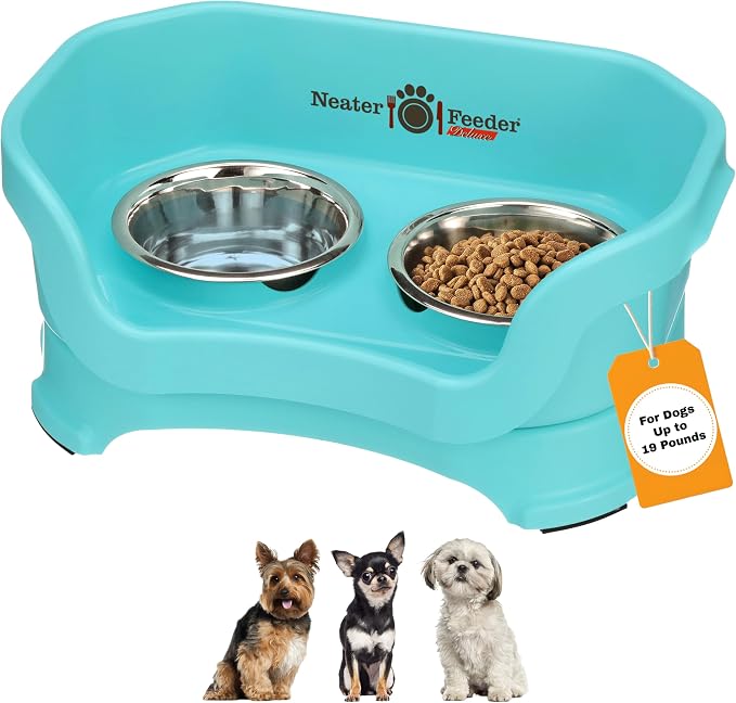 Neater Pet Brands Neater Feeder Deluxe Mess Proof Dog Bowls Elevated for Small Dogs Under 19 lbs, Made in USA, No Spill Raised Dog Food Bowl Stand Feeding Station, Food and Water Bowl Set, Aquamarine by NeaterPetBrands