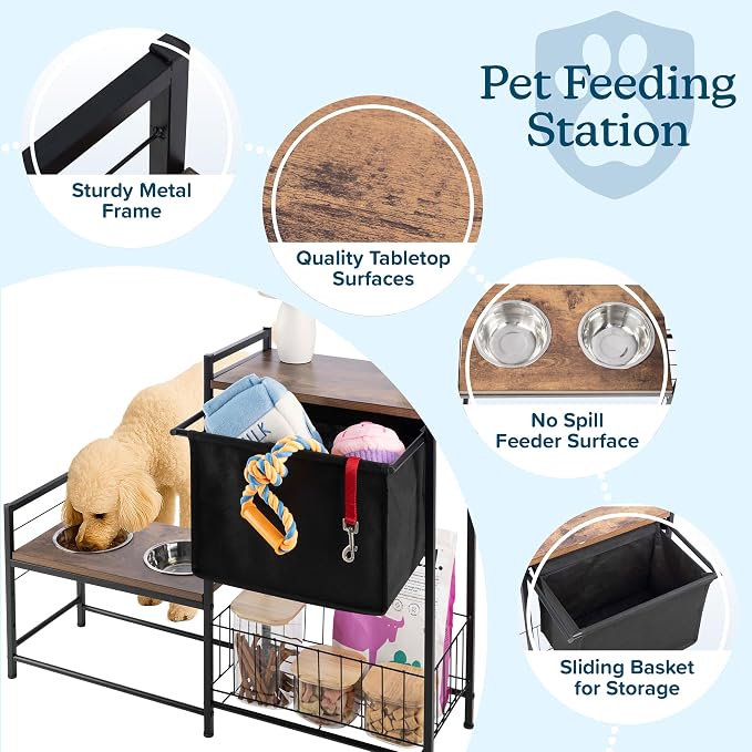 Elevated Dog Bowls with Storage - Elevated Dog Bowl Stand with 3 Adjustable Heights, Toy Bin Basket, and 2 Stainless Steel Bowls - Pet Feeding Station for Small to Large Breeds by PETMAKER (Black) - Image 4