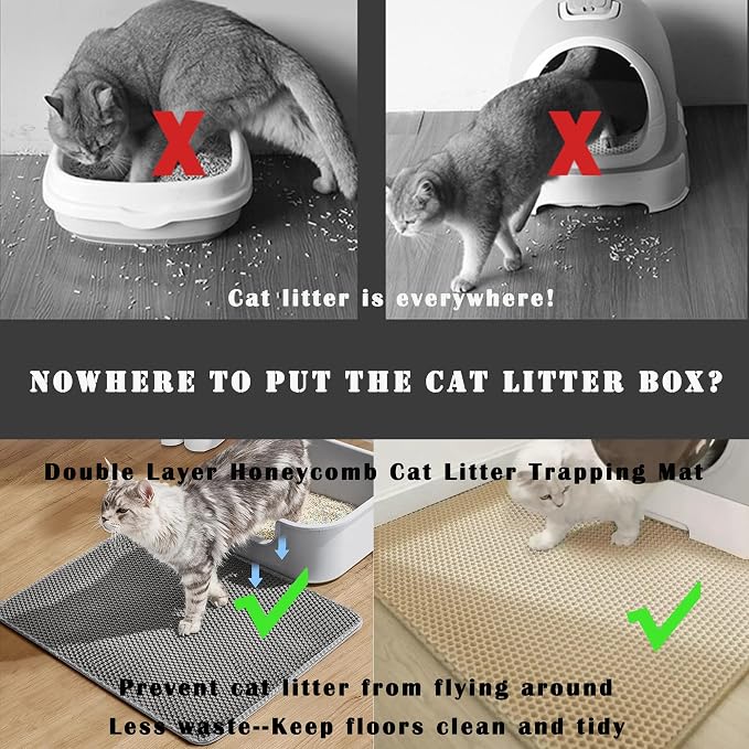 HCY&WLD 2-Pack Cat Litter Mat, Double Layer Honeycomb Waterproof Urine Proof Non-slip Litter Trapping Mat, Less Waste, Easy to Clean Cat Litter Box Mat, Kitty Indoor Supplies (Gray, 24x18 Inches) - Image 2
