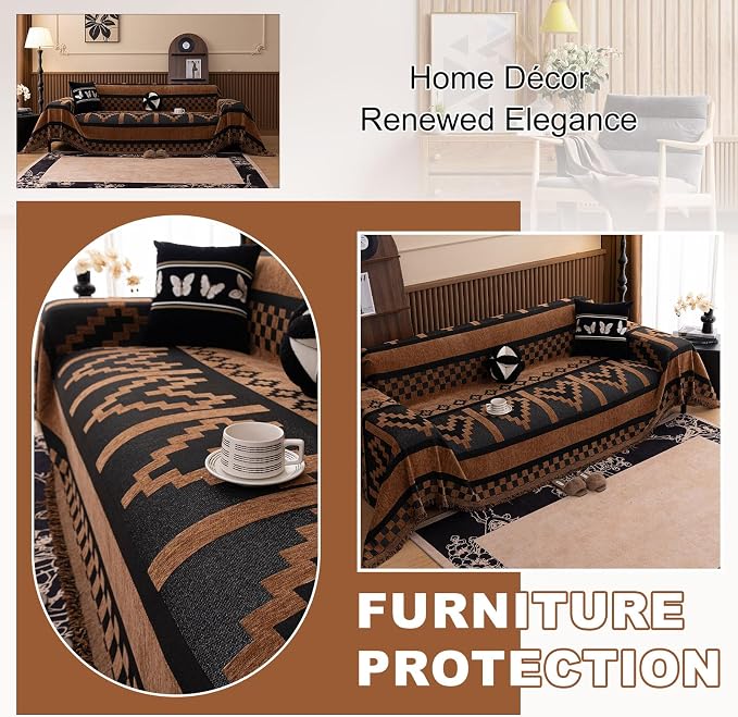 ROOMLIFE Dark Brown Couch Cover 3 Cushion Sofa, Washable Non Slip Furniture Sofa Protector Cover, Soft Chenille Sofa Slipcovers Sectional L Shape Dogs Couch Cover Throw Blanket with Tassels71''X118'' - Image 5