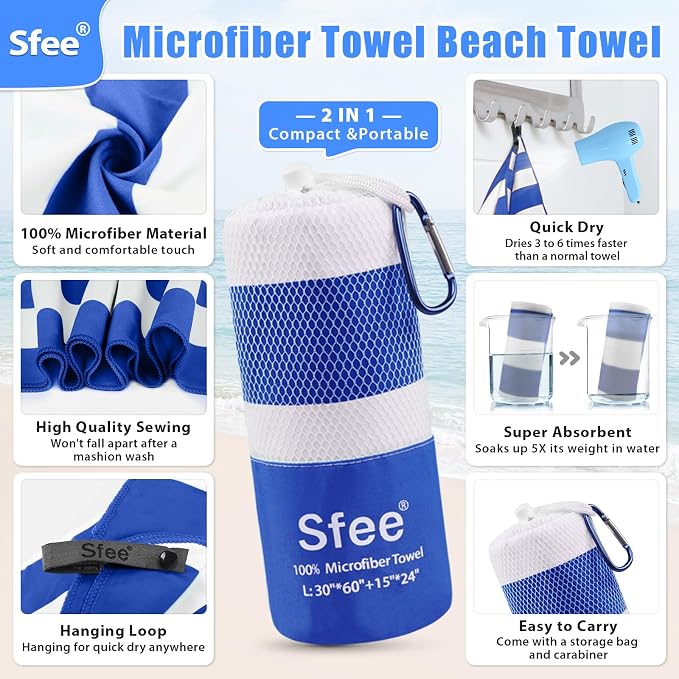 Sfee 4 Pack(8Pcs) Microfiber Travel Towel, Beach Towel Quick Dry Towel Camping Towel Super Absorbent Compact Lightweight Sports Gym Towels for Beach, Gym, Hiking, Pool, Backpacking, Bath, Yoga - Image 3