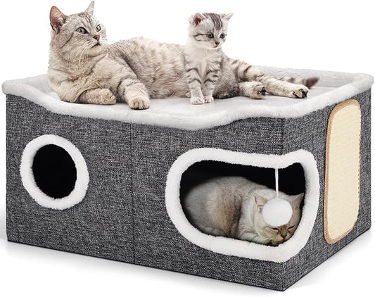 Shikha Extra Large Cat House Bed for Multi Cats with Scratch Pad Grey | 24 x 17.7 x 12.6 IN Widen Cat Cave Cube for Multi Pets, Foldable, Arc-Edge Design, Oval Door, All Seasons Reversible Cushion by Shikha