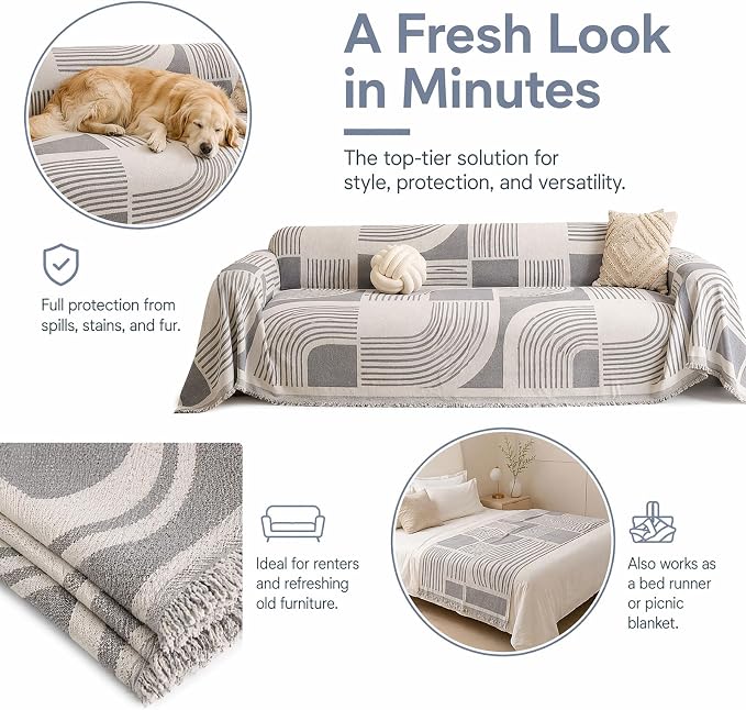 Couch Covers for Sofa & Cats - Modern Chenille Pet Blanket, Anti-Slip Heavy Duty Shield, Scratch-Resistant Washable Furniture Protector 71"x91",Grey - Image 6