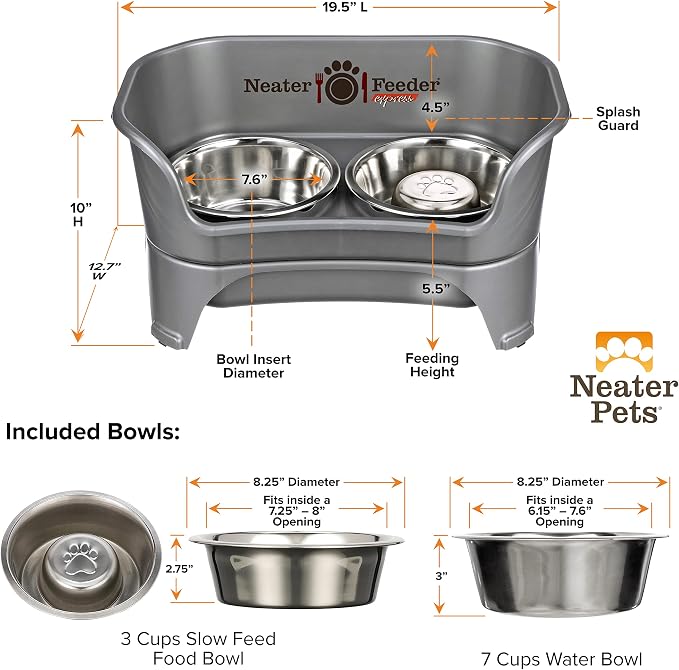 Neater Feeder - Express Model w/ Slow Feed Bowl - Mess-Proof Dog Bowls (M/L, Grey) Made in USA – Elevated, No Spill, Non-Tip, Non-Slip, Raised Stainless Steel Food/Water Pet Bowls Aid Digestion - Image 9