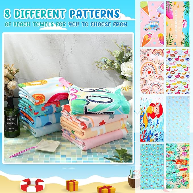 Tingjoo 24 Pcs Kids Microfiber Beach Towel Set 8 Beach Towels Bulk with 8 Storage Bags 8 Beach Ties 30" x 60" Unicorn Mermaid Dolphin Flamingo Quick Dry Towel for Pool Swim Bath Picnic Camping (Girls) - Image 3