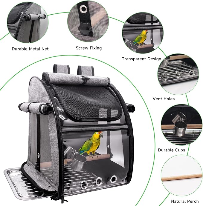 Bird Carrier Bag with Perch, Bird Travel Carrier Backpack with Stainless Steel Plate and Mesh, Portable Transparent Parakeet Travel Cage with Feeder Cups for Small Birds Parakeet Parrot - Image 2
