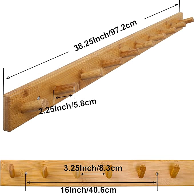 SKOLOO Wood Coat Rack Wall Mounted,10 Peg Long Bamboo Hook for Hanging Backpack Coat Towel Hat,16'' Hole to Hole,Natural - Image 6