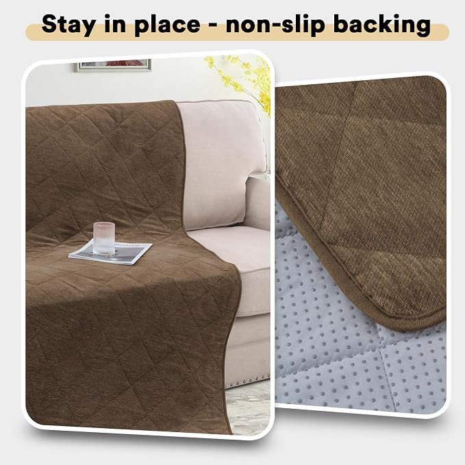 PrinceDeco Couch Covers for Dogs Chenille Sofa Covers for 2 Cushion Washable Quilted Checkered Fuzzy Pet Couch Cover Soft Couch Protector Non-Slip Sofa Pads for Puppy Cat Kids(34.5" x 60", Brown) - Image 6