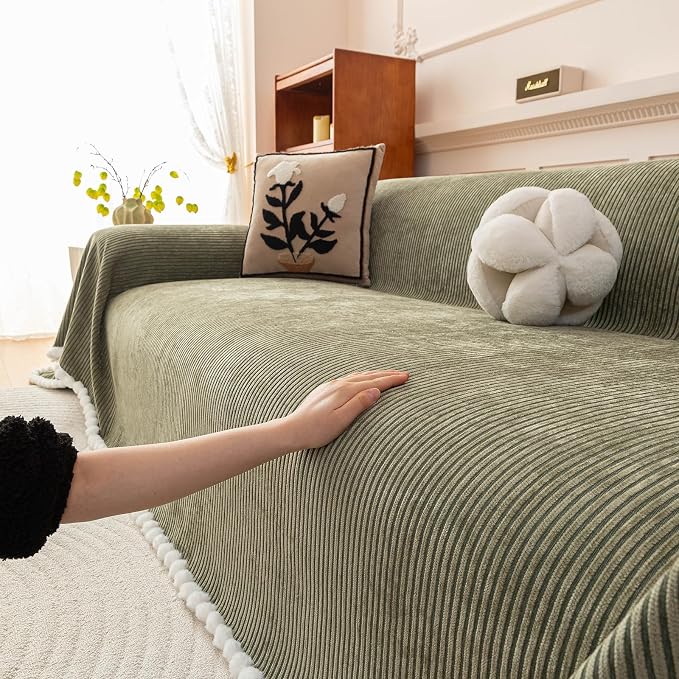 VClife Boho Couch Cover, Thickened Furniture Protector, Green, 71"X134" | Heavy-duty Pet Resistant Thick Chenille Fabric, Modern Striped Pattern, Fluffy Pom-pom Trim, Kids & Pets Household Friendly - Image 6