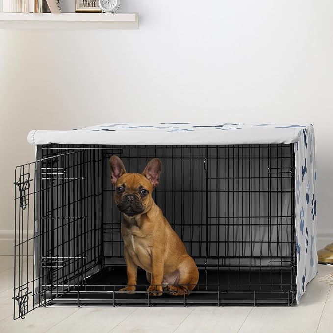 Sweet Jojo Designs 30in. Small/Medium Dog Crate Cover (Bones and Paw Prints) for Boys Pet Cage, Kennel Covers (Modern, Cartoon, Doggy, Puppy, Neutral, Paws Print, Whimsical, Playful, Slate Navy Blue) - Image 2