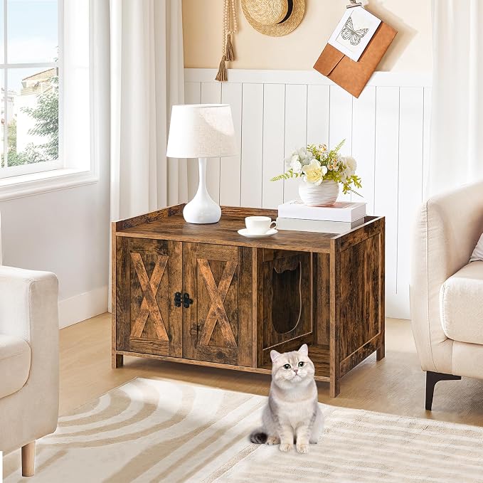 MAHANCRIS Cat Litter Box Enclosure, Hidden Litter Box Furniture with Divider, Indoor Cats House, Wooden Cat Washroom Storage Cabinet Bench, Side End Table Nightstand, Rustic Brown CWHR2501Z - Image 2