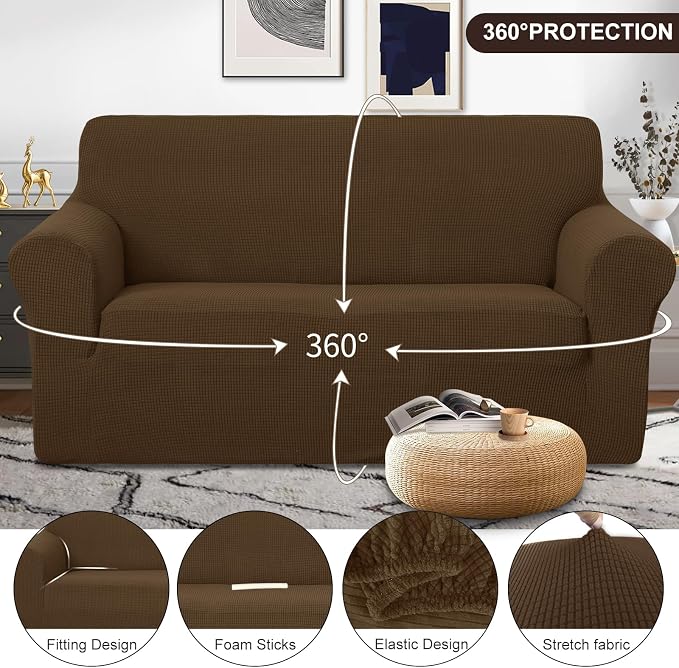 U-NICE HOME Oversized Stretch Loveseat Couch Cover, Brown | 2 Cushion Sofa, 1-Piece Sofa cover, Washable, Pet friendly, Furniture protector, Polyester Spandex Jacquard fabric - Image 4