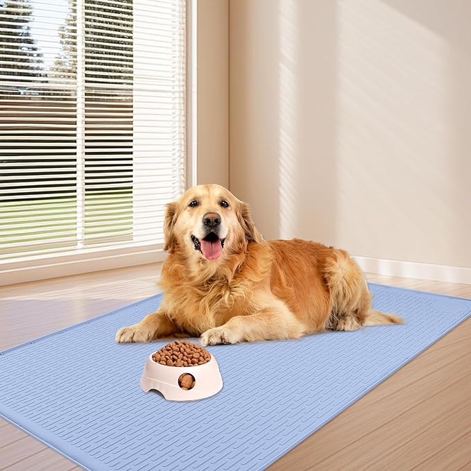 Dog Food Mat 34''x22'' Extra Large Dog Mat for Food and Water, Blue | Silicone Dog Bowl Mat with Raised Edge, Waterproof Non-Slip Pet Feeding Mat for Floors, fit for Dog Cat Bowls - Image 6
