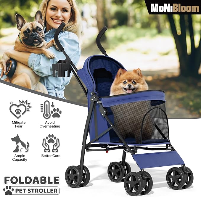 MoNiBloom 4 Wheels Pet Stroller, Easy-Fold Puppy Cage Jogger Stroller with Sun Cover, Pad and Rear Storage Bag, Breathable and Visible Mesh for Small/Medium Pets up to 22 lbs, Navy Blue