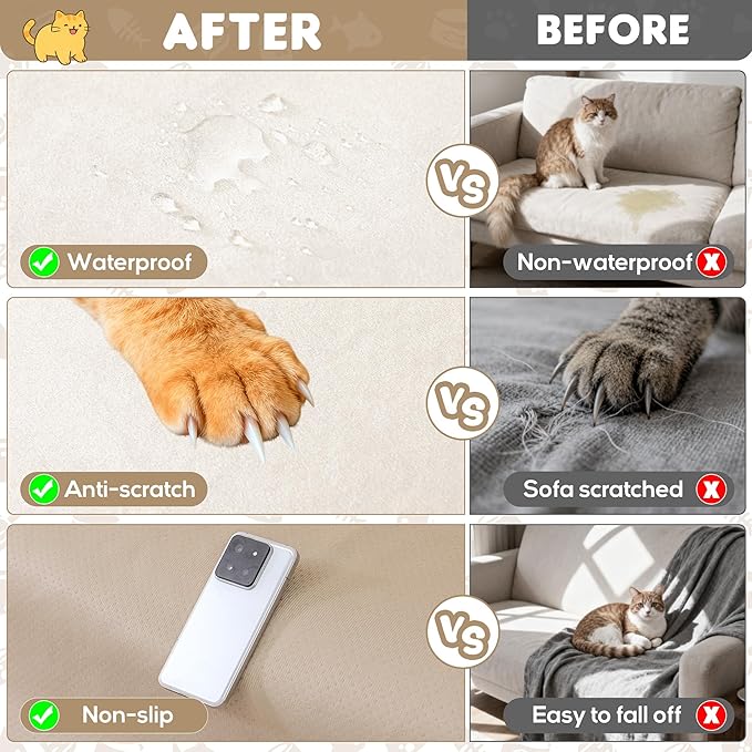 LOllON Cat Scratch Couch Cover Waterproof 118"x91" Non-Slip | Pet-Friendly Couch Protector, Anti-Scratch & Waterproof Sofa Cover For Cats Dogs Kids, Machine Washable - Image 6
