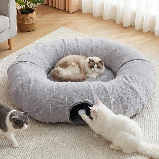 Extra Large Cat Tunnel, 47.2in Multi-Cat Family Big Cat Tunnel for Cats, Long Cat Tunnel Bed with Washable Plush Mat, XXL Pet Play Tunnel Toy for Cats, Puppy, Rabbits Grey by BUMUBI