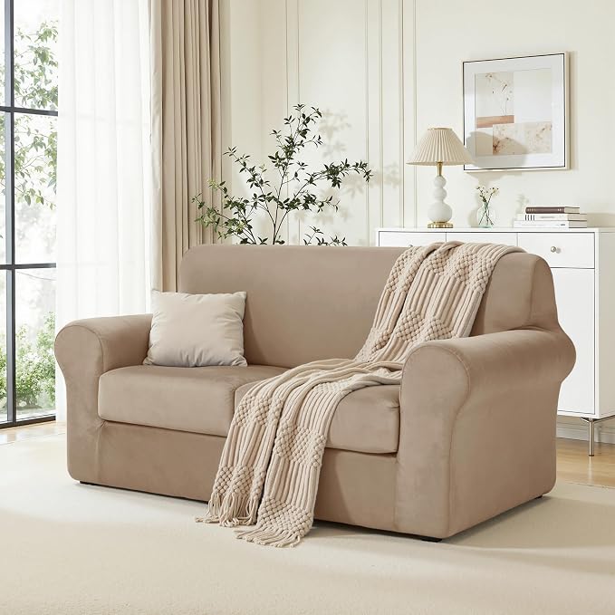 CHUN YI 3 Piece Velvet Couch Covers for 2 Cushion Couch, Water Resistant Loveseat Covers, Non Slip High Stretch Thick Furniture Protector for Dogs Pets, Medium, Camel - Image 3