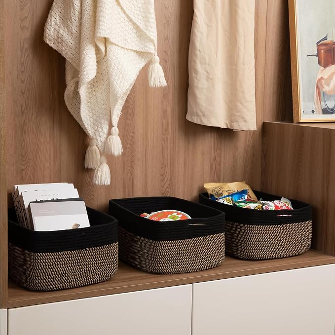 OIASKET Storage Baskets for Organizing 3 Pack, Woven Baskets for Shelves, Closet Organizer Bins Empty Gift Basket Toy Storage for Toys, Books, Towels, Clothes, 15"x11.42"x6.7", Black & Yellow - Image 5