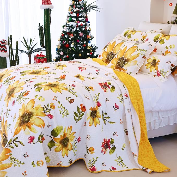 EVENHUG 100% Cotton Quilt Queen Size Yellow Sunflower Bedding Set Floral Lightweight Quilt Reversible Coverlet Bedspread with 2 Pillow Shams All Seasons 3 Pieces (92"x96") - Image 8