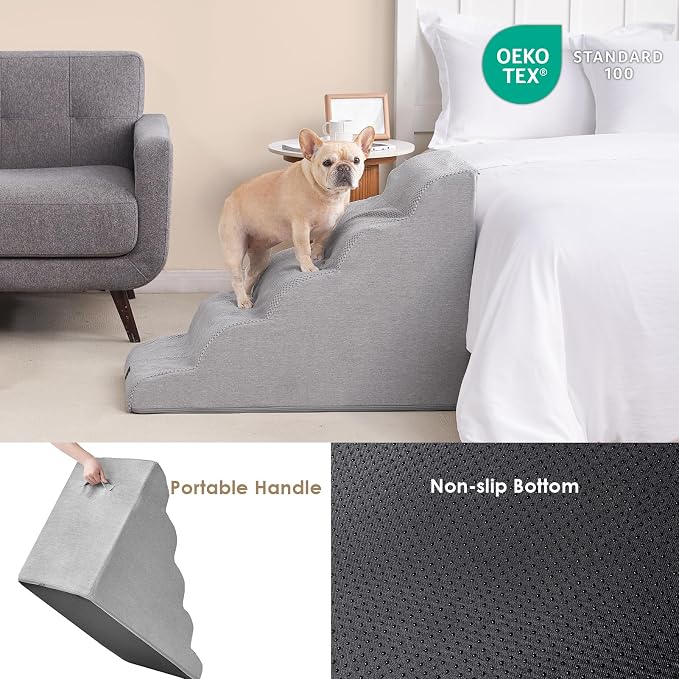 EHEYCIGA Curved Dog Stairs Ramp for High Beds, 5-Step Extra Wide Dog Steps for Small Dogs and Cats, Pet Stairs for High Bed Climbing, Non-Slip Balanced Pet Step Indoor, Light Grey - Image 6