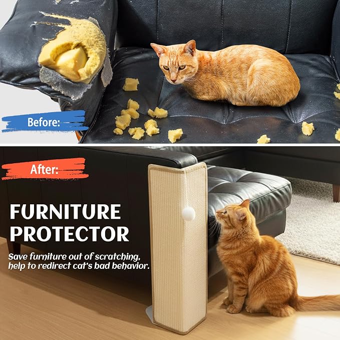 PETKARAY 27.9'' Cat Scratching Post for Couch Corner, Furniture Protector | Under-Furniture Cat Scratcher, Natural Sisal Scratch Pad, Anti Scratch Couch Protector for Indoor Cats with Toy Ball - Image 4