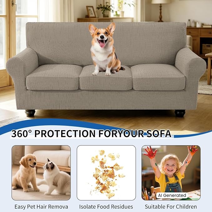 CYCMCAO 4 Piece Stretch Sofa Covers for 3 Cushion Couch, Non Slip Couch Covers for Sofa, Sofa Covers for Pets Washable, Couch Covers for Dogs,Kids (Khaki), 71"-91" (3 Cushion Sofa) - Image 5