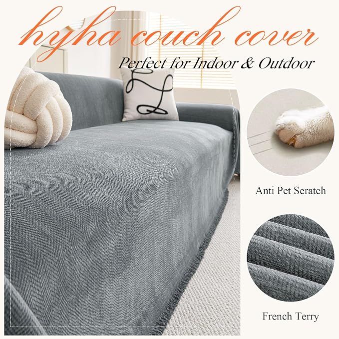 hyha Couch Cover for Dogs, Boho Chenille Sofa Cover for 3 Cushion Couch | Anti-Scratch Washable Sofa Slipcover, Loveseat Sectional Couch Throw Blankets with Tassels (Grey, 88.5x150 Inch) - Image 4