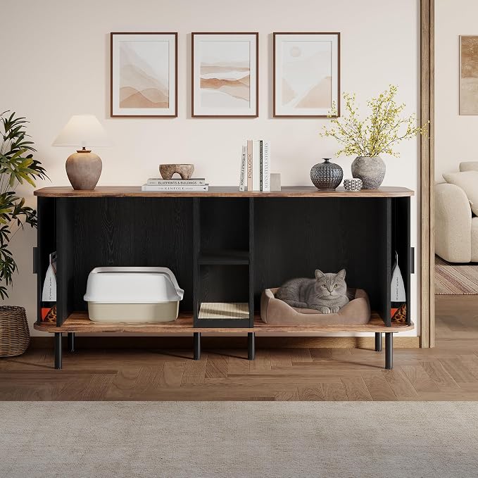 58" Double Cat Litter Box Enclosure, Large Hidden Litter Box Furniture for 2 Cats with Cat Scratch Pad, Wooden Modern Indoor Cat House with Double Room, TV Stand, Side Table, Black - Image 6
