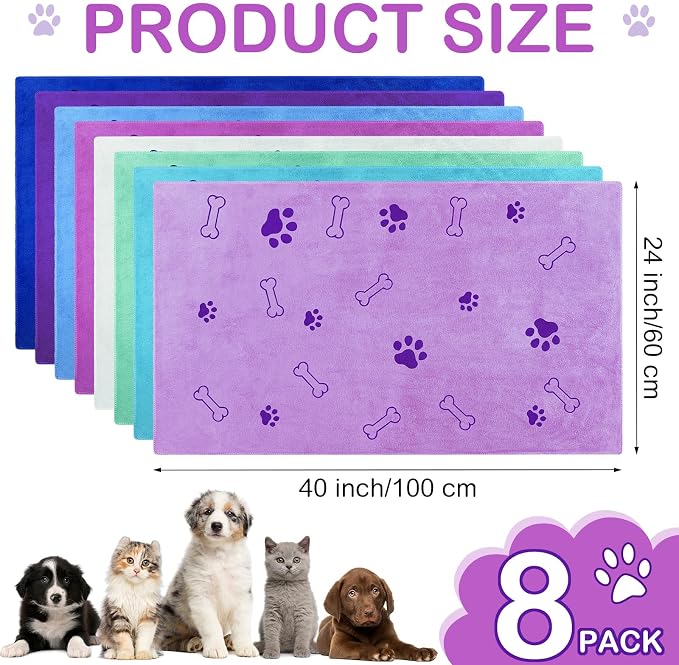 Chumia 8 Pcs Microfiber Dog Towels for Drying Dogs Cats 40 x 24 Inch Pet Towels Bulk for Large Puppy Absorbent Fast Drying Paw Bath Bathing Supplies for Pets(Dog Paw and Bone,Classic Color) - Image 2