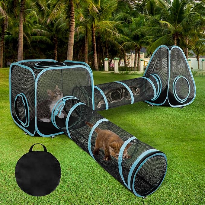 Outdoor Cat Enclosure, 9.45 ft Pop-Up Cat Tent with Tunnel Kit | 4-Piece Kit with 2 Tunnels, 33.86 x 11.81 in Tubes, Breathable Mesh, Pop-Up Setup, Storage Bag, DIY Layouts, Cats by GINDOOR