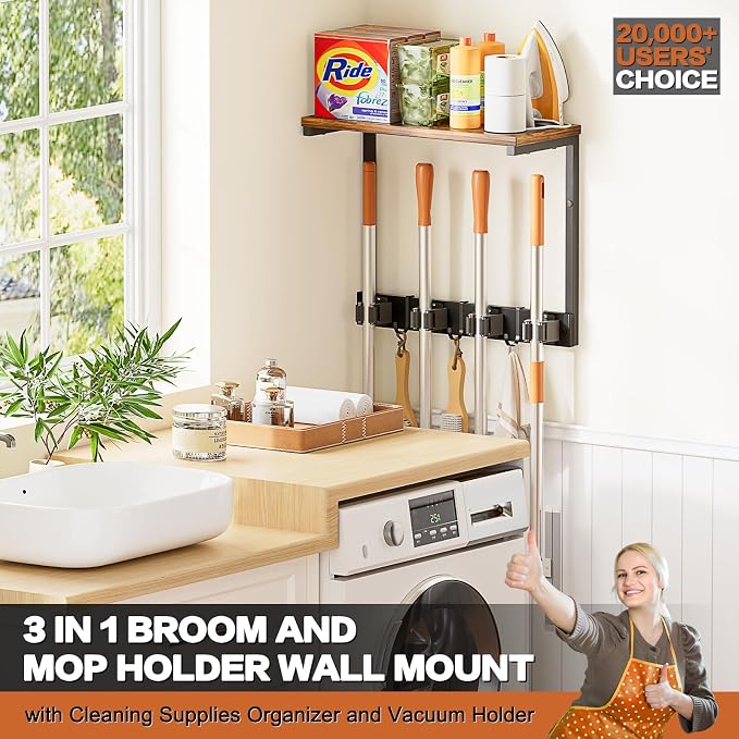 Broom Holder Wall Mount with Cleaning Supplies Organizer, Laundry Room Organization and Storage Shelves, Mop Hanger Broom Rack with Hooks, Home Improvement Kitchen Shelf Garage Organizer - Image 2