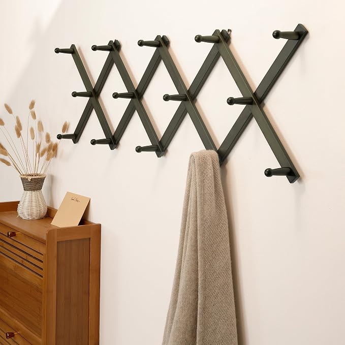 SKOLOO Hat Rack for Wall with 14 Hooks, Solid Wooden, Modern, Expandable Coat Rack Wall Mount for Coats, Hats, Bags, Baseball Caps, Dark Walnut Color - Image 3